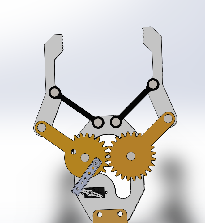 CAD view of the gripper mechanism, showing the gear and linkage drive