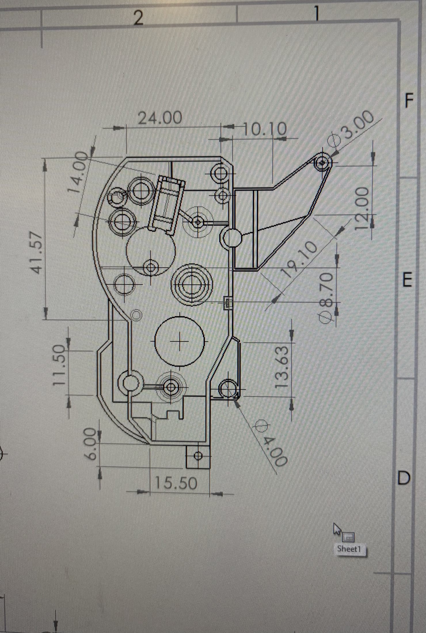 2D engineering drawing of a part, fully dimensioned and toleranced